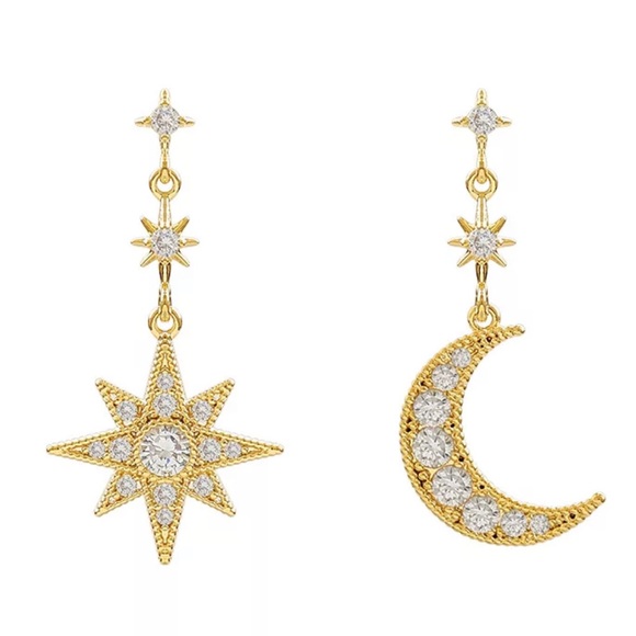 Gold Moon & Star Rhinestone Mismatched Earrings - Picture 4 of 4